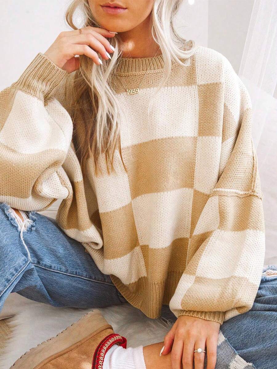 Damen modischer Pullover mit Karomuster und weitem Schnitt R&B