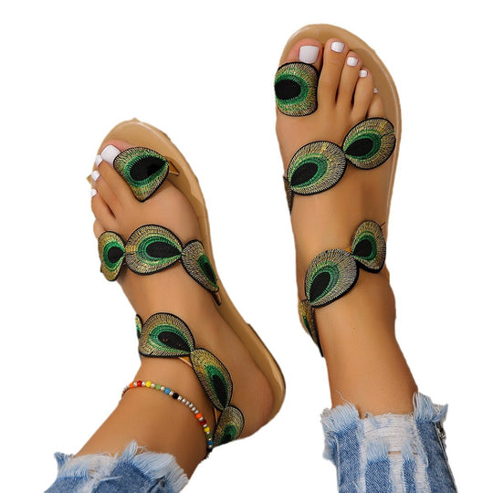 Damen Sandalen mit exzentrischem Design und bunten Federn R&B