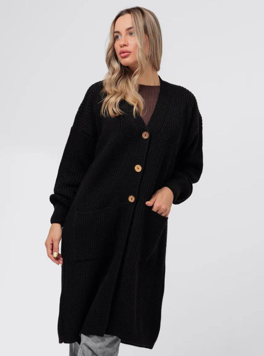 Damen Grobstrick-Cardigan mit schlichten Holzknöpfen und praktischen Taschen R&B