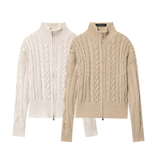 Damen Strickjacke mit Zipper und Stehkragen R&B