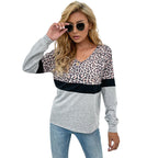 Damen V-Ausschnitt Sweatshirt mit Leopardenmuster und Kontrastband R&B