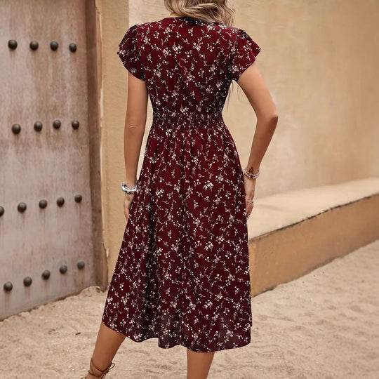 Damen Midikleid mit elastischem Tailleneinsatz und Rüschenärmeln R&B