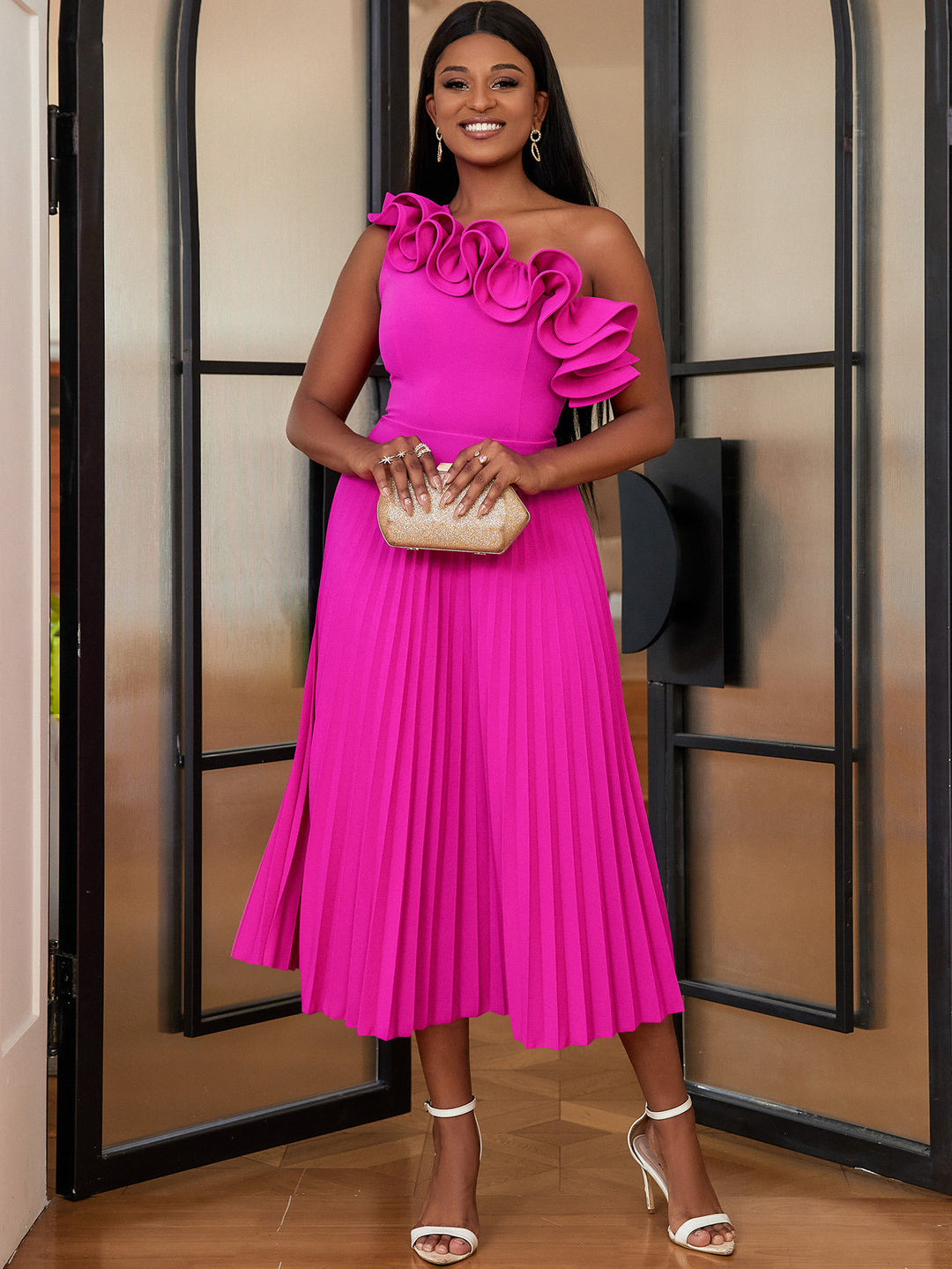 Damen Elegantes Midi-Kleid mit asymmetrischem Rüschen-Ausschnitt R&B
