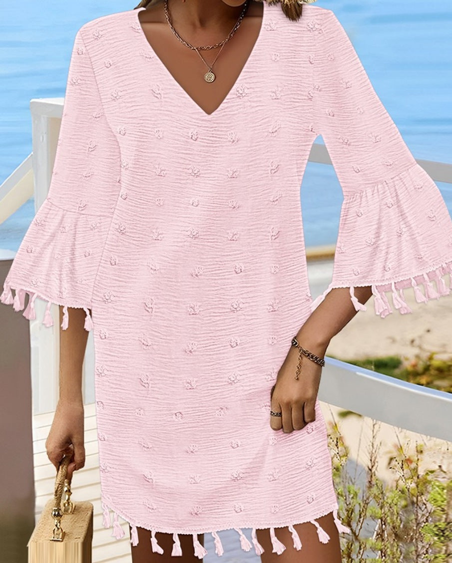 Damen Strandkleid mit elegantem V-Ausschnitt und dekorativen Fransen R&B