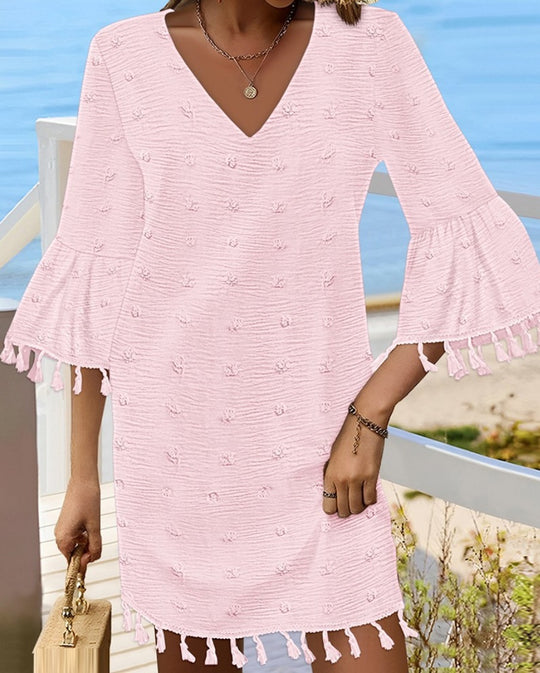 Damen Strandkleid mit elegantem V-Ausschnitt und dekorativen Fransen R&B