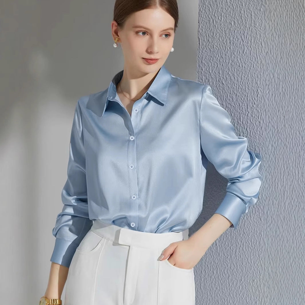 Damen Luxus Satin-Bluse mit elegantem Kragen und weichen Ärmeln R&B