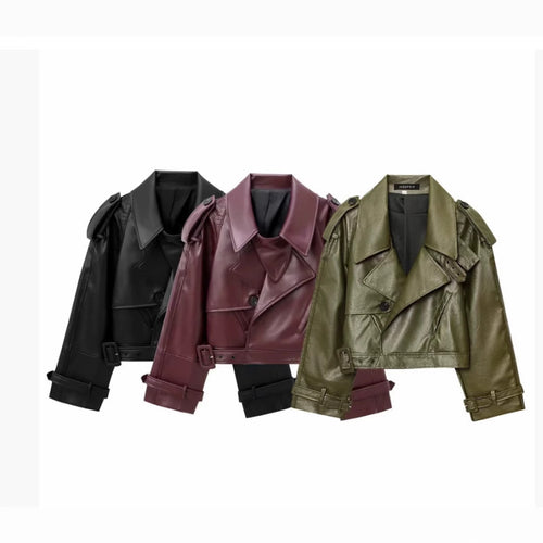 Damen Kunstleder Bikerjacke im modischem Cropped-Design mit taillierbarem Gürtel und dekorativen Knöpfen R&B