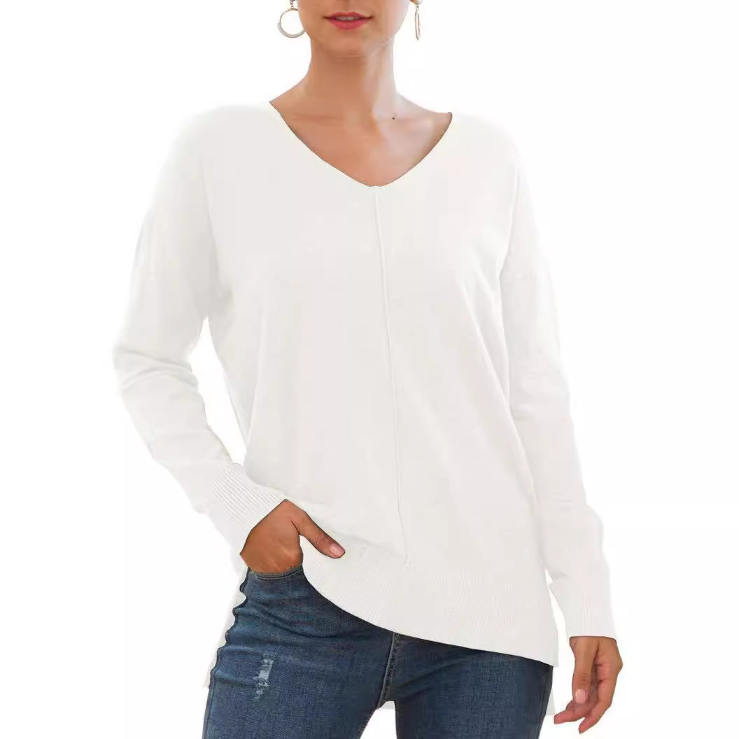 Damen eleganter V-Ausschnitt Pullover mit asymmetrischem Saum R&B