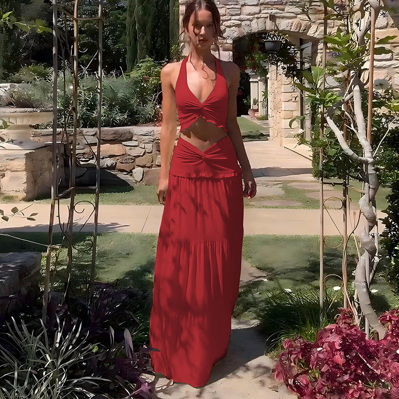 Damen Zweiteiliges Sommerkleid mit raffiniertem Oberteil und fließendem Rock R&B