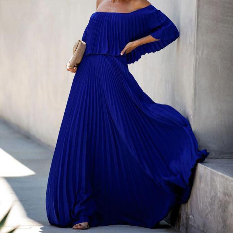Damen Maxikleid mit asymmetrischem Plisseefall und schulterfreiem Design R&B