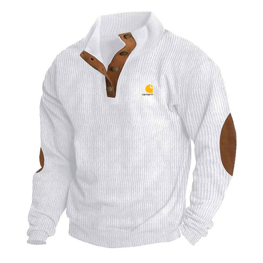 Herren nan Strickpullover im Troyer-Stil mit Stehkragen Lederbesatz Druckknopfleiste und Ellbogen-Patches R&B
