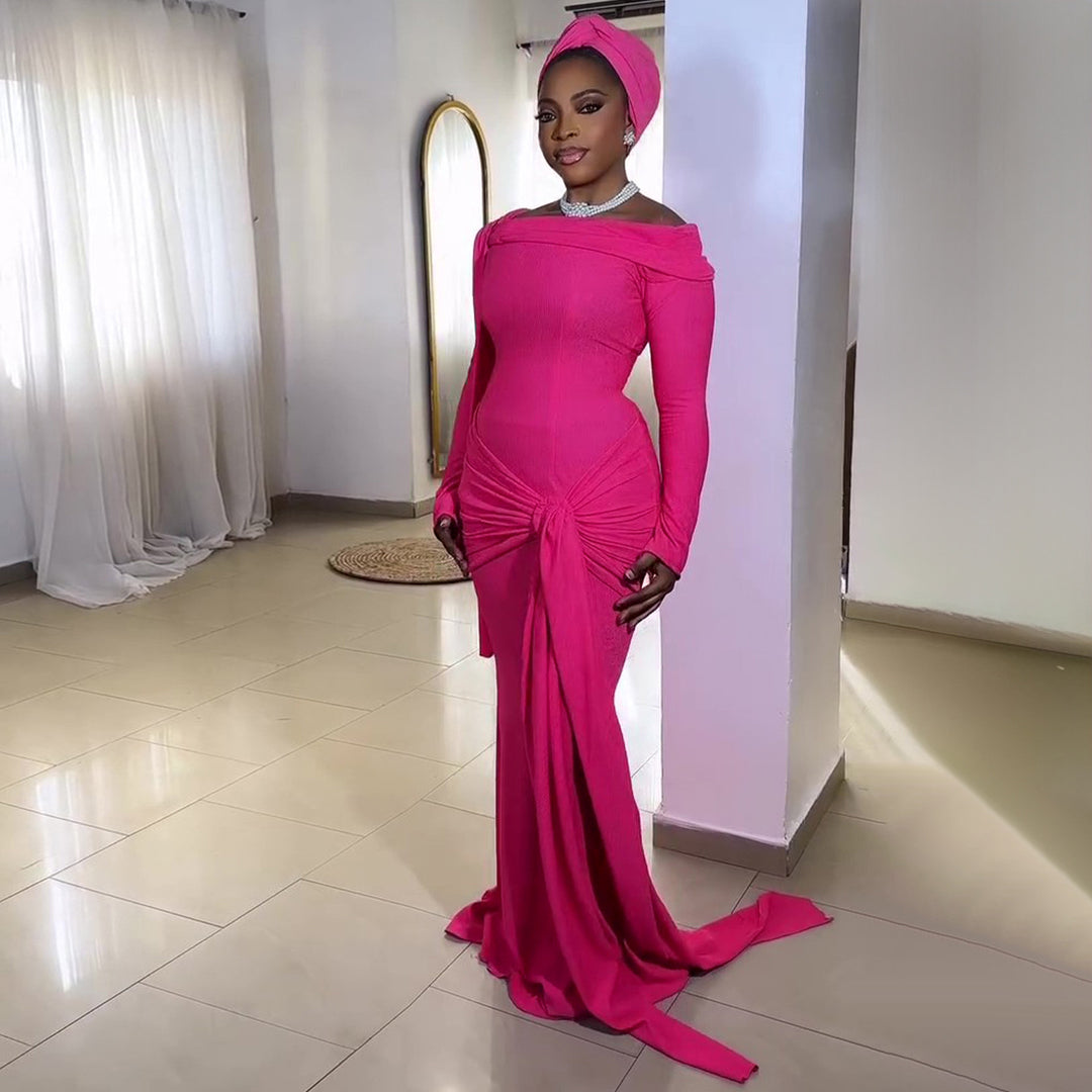 Damen Elegantes Langarmkleid mit asymmetrischem Drapé und Schleifenakzent R&B
