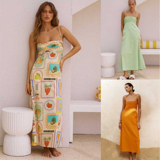 Damen sommerliches Maxikleid mit Raffungen und Spaghettiträgern R&B