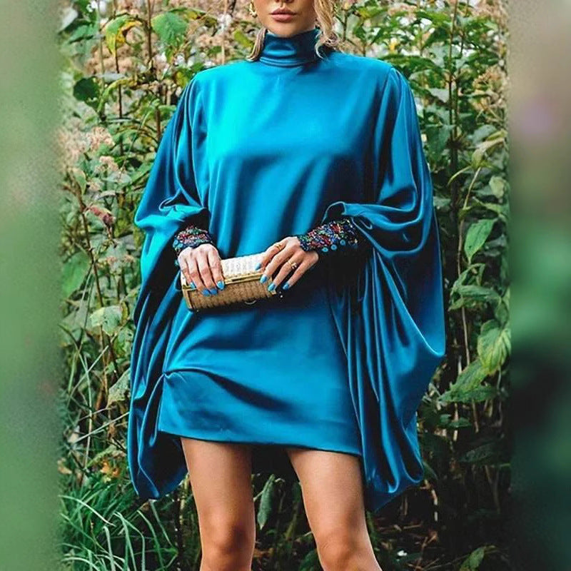 Damen modisches Übergröße Minikleid mit voluminösen Ärmeln und elegantem Stehkragen R&B