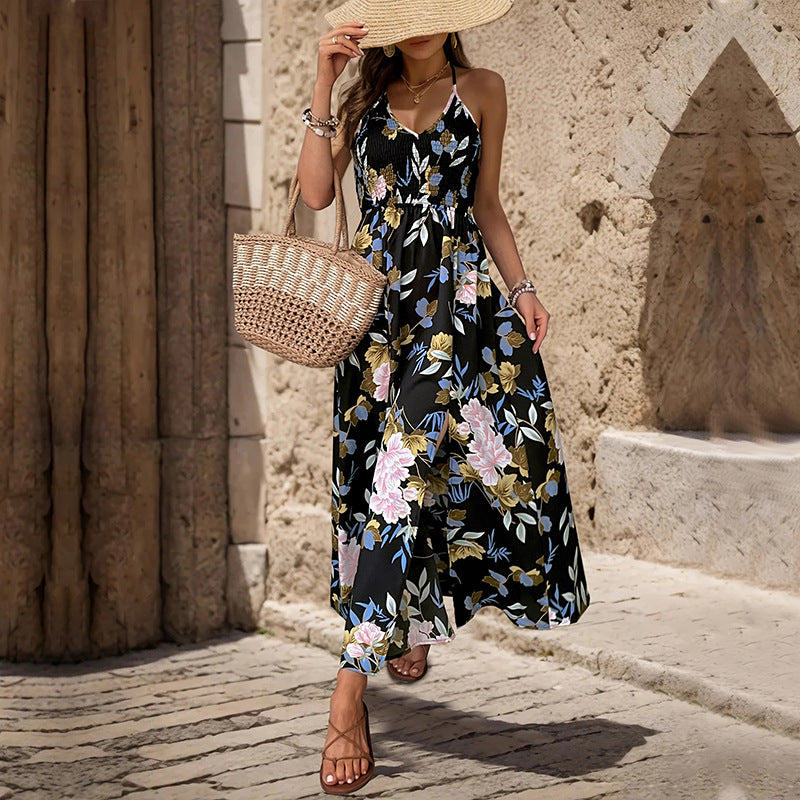 Damen Maxikleid mit floralem Design und hohem Beinschlitz R&B