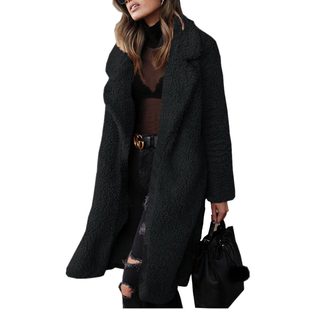 Damen kuscheliger Teddy-Mantel mit elegantem Revers und praktischen Taschen R&B
