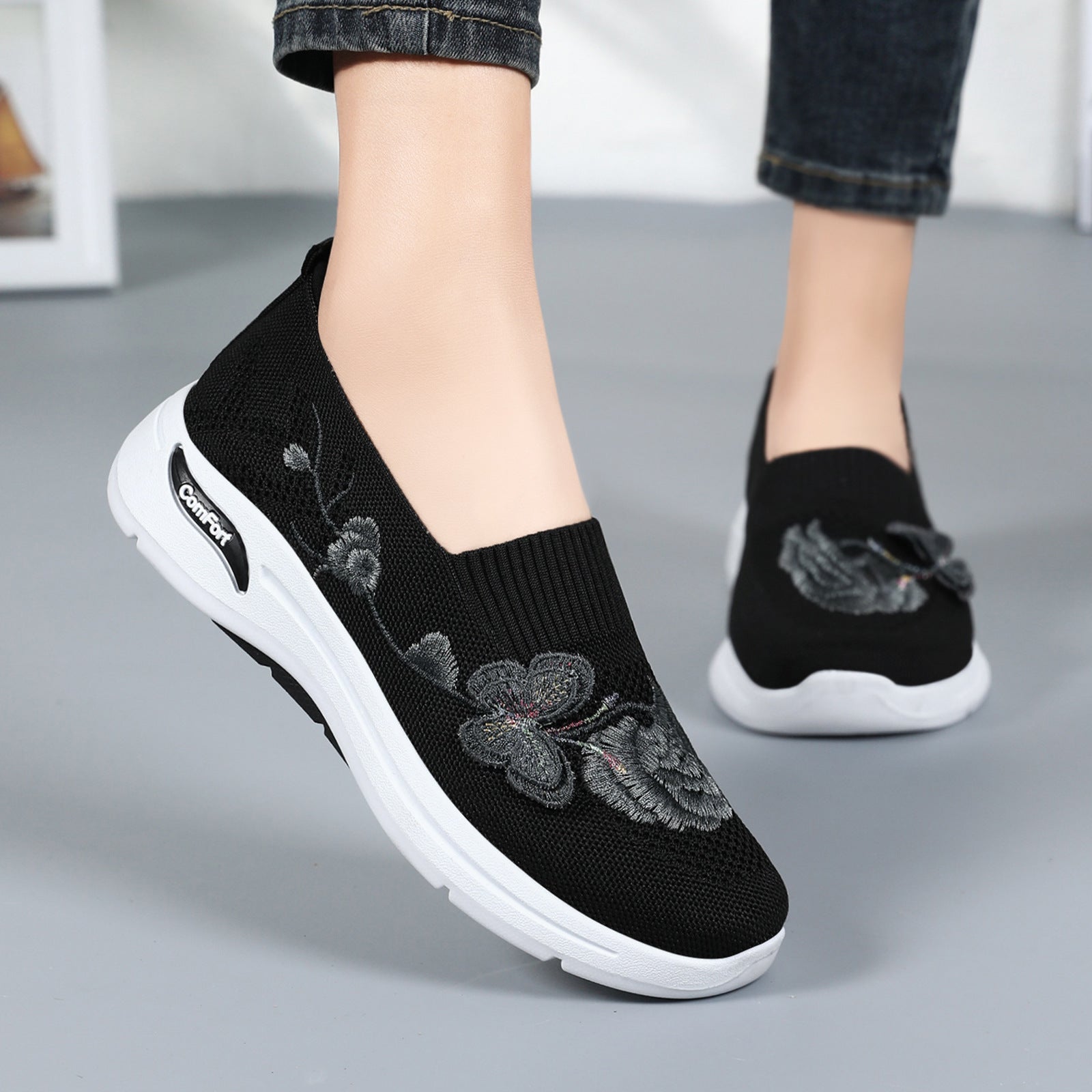 Damen nan gestrickter Slip-On Slipper mit 3D-Blumenstickerei und ergonomischer Komfort-Zwischensohle R&B