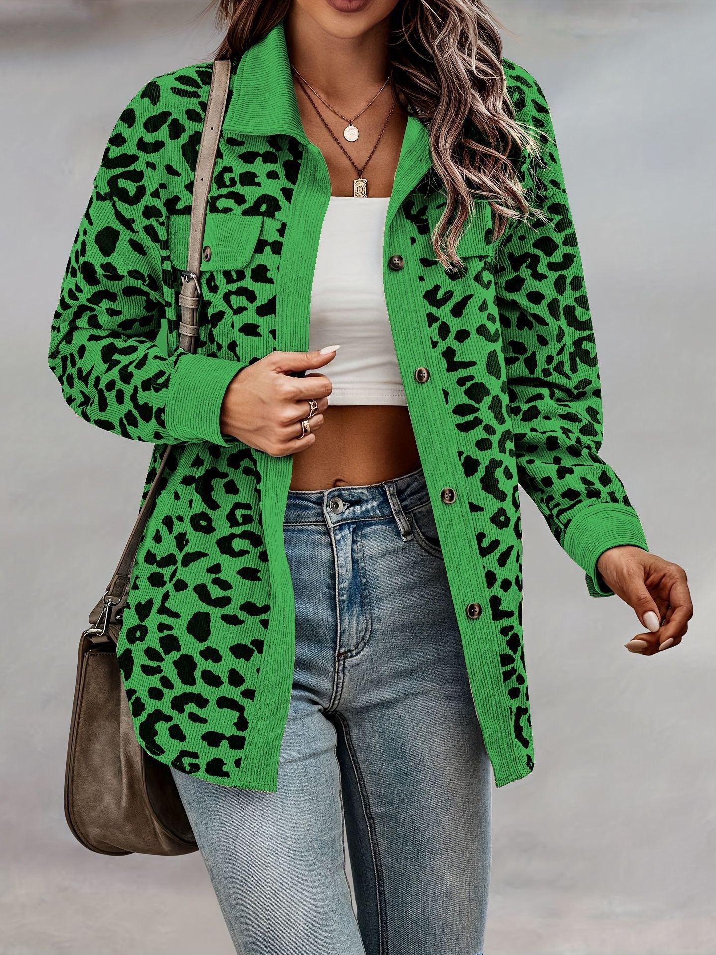Damen gestreifter Hemdenjacke mit Leopardenmuster R&B