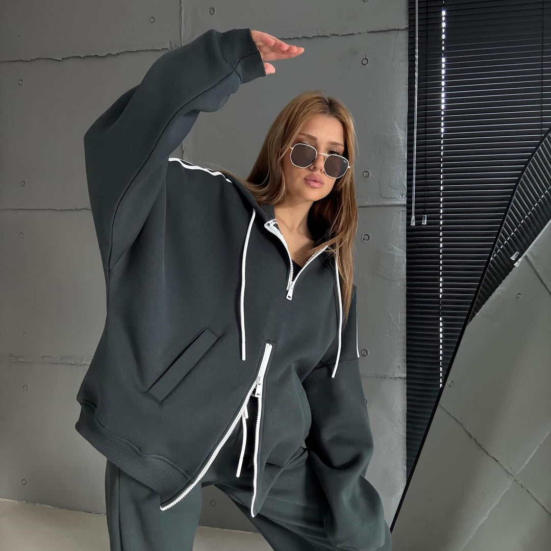 Damen Stylish Hoodie mit doppeltem Reißverschluss und lässigem Schnitt R&B