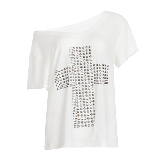 Damen stylisches Oversized T-Shirt mit Kreuz-Print und Glitzerdetails R&B