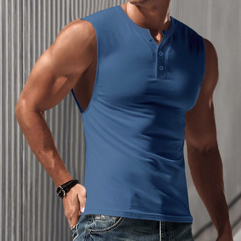 Herren nan ärmelloses Muskelshirt mit Henley-Knopfleiste, tiefem Armausschnitt und elastischem Baumwollmix R&B
