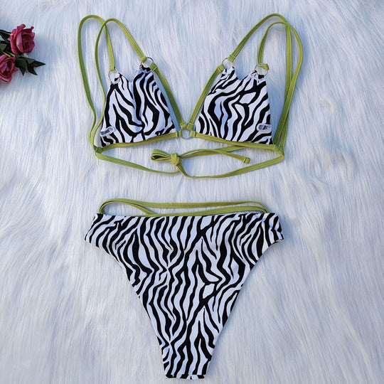 Damen Minimalistisches Triangel-Bikini-Set mit Zebramuster R&B