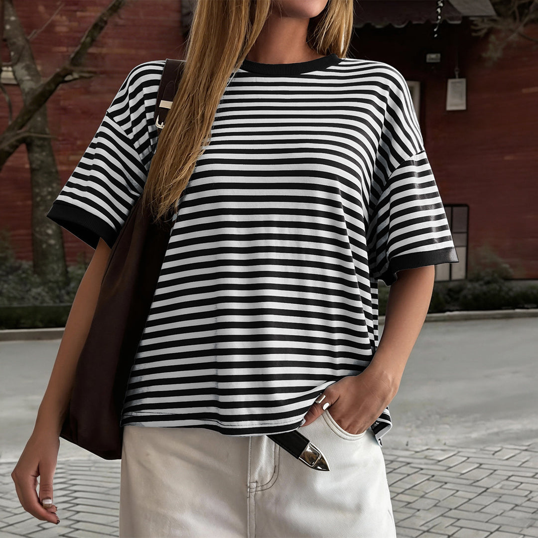 Damen Oversized Streifen-T-Shirt mit Kurzarm und Rundhalsausschnitt R&B