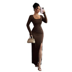 Damen nan körpernahes Maxikleid mit Quadratausschnitt, taillierter Raffung und hohem Seitenschlitz R&B