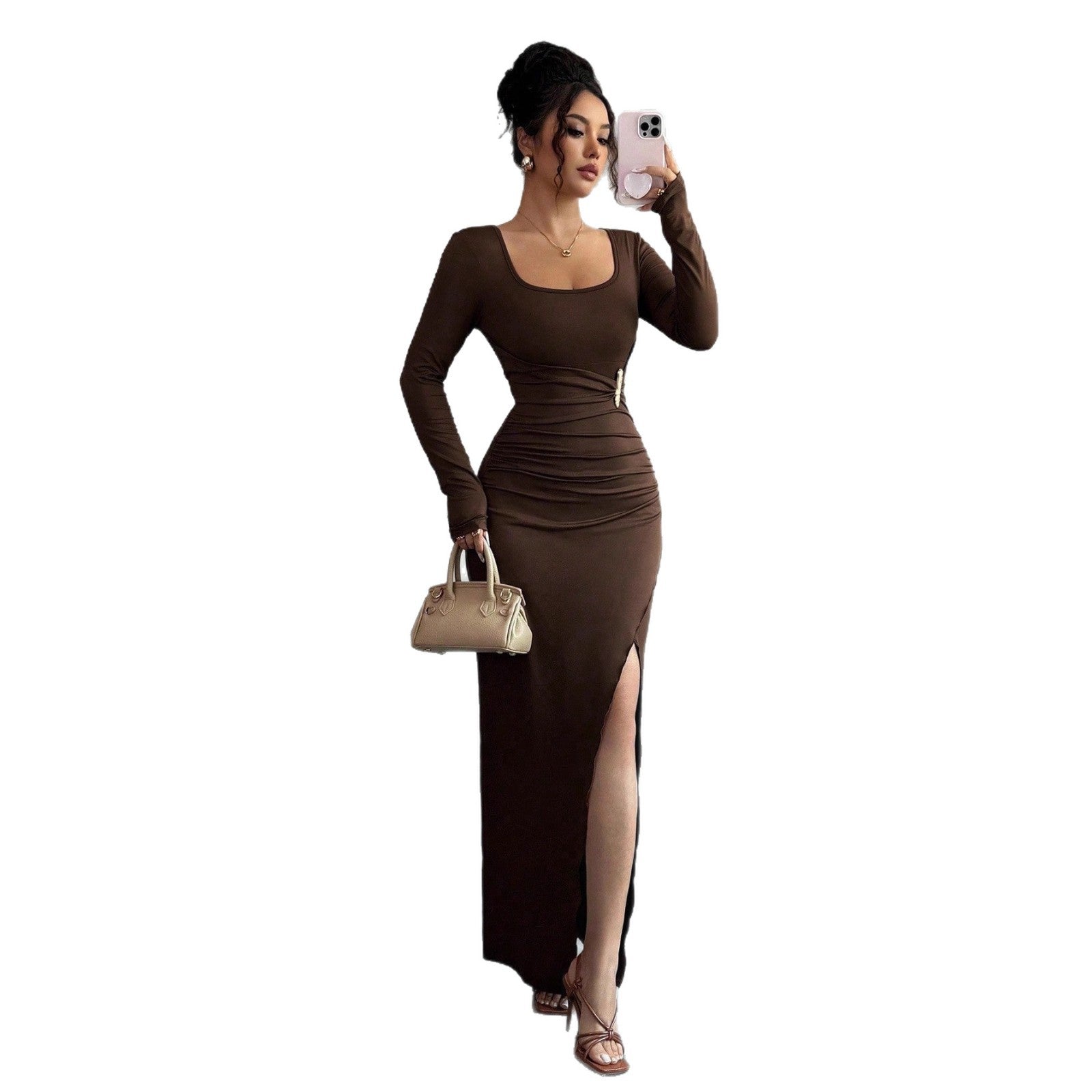 Damen nan körpernahes Maxikleid mit Quadratausschnitt, taillierter Raffung und hohem Seitenschlitz R&B
