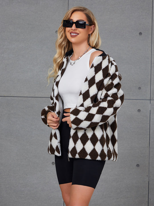 Damen Flauschige Steppjacke mit modernem Karomuster und praktischen Taschen R&B