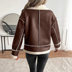 Damen stylische Kunstlederjacke mit Schaffellkragen R&B