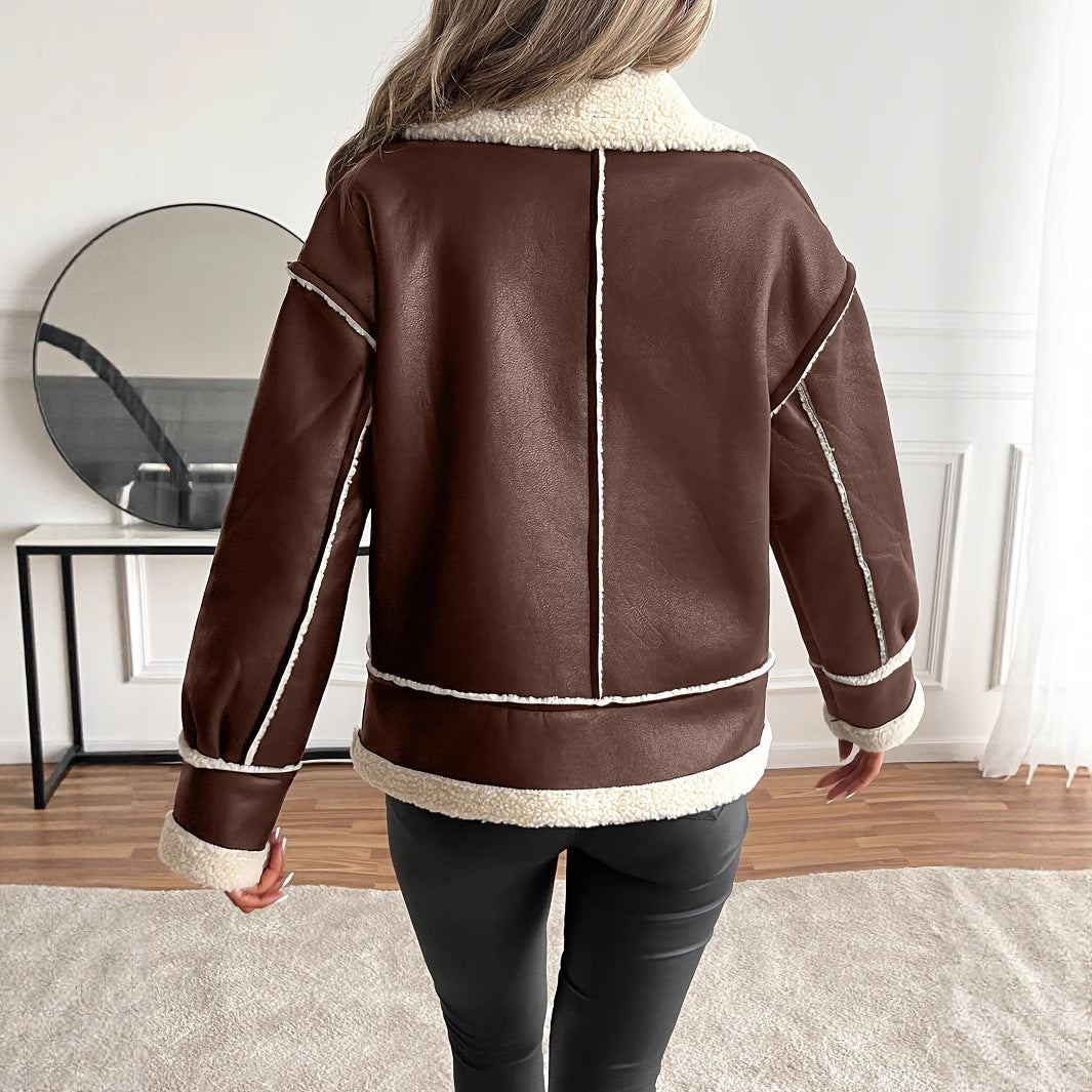 Damen stylische Kunstlederjacke mit Schaffellkragen R&B