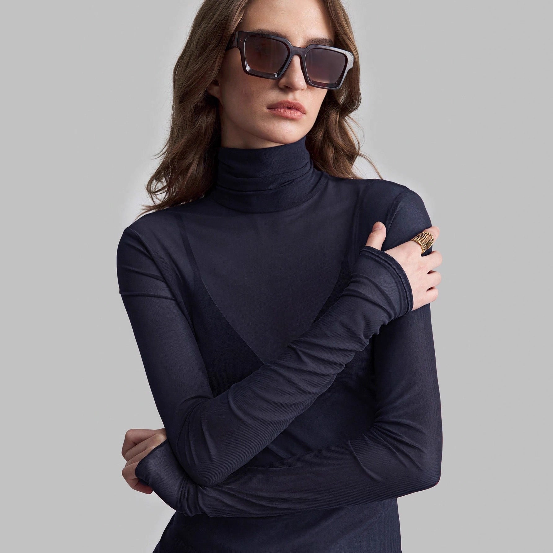 Damen nan feines transparentes Mesh-Langarmtop mit Rollkragen und figurbetonter Passform R&B