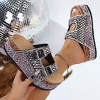 Damen Komfortable Sandalen mit dekorativen Schnallen und buntem Glitzerdesign