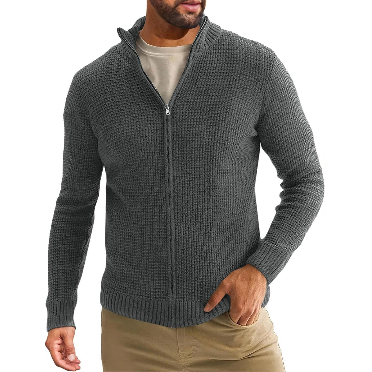 Herren Strickjacke mit hohem Kragen und praktischem Reißverschluss