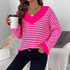 Damen Strickpullover mit V-Ausschnitt und modernem Karomuster R&B