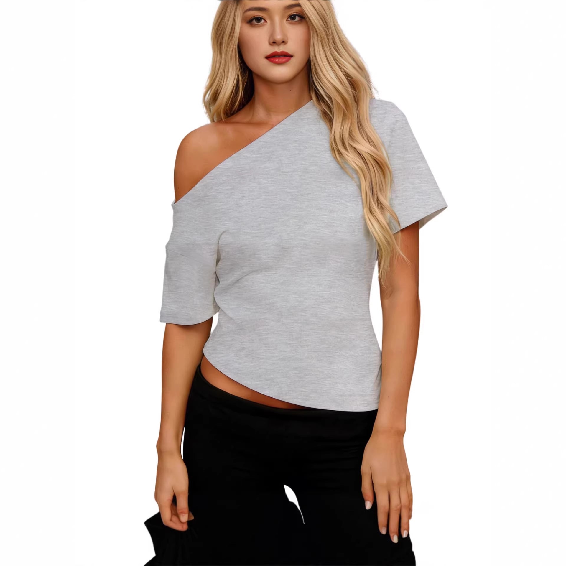 Damen asymmetrisches Oberteil mit schulterfreiem Design und kurzen Ärmeln R&B