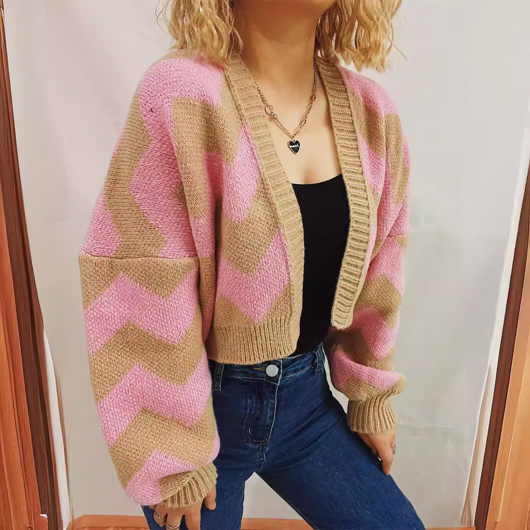 Damen Grobstrickjacke mit modernem Zickzack-Muster und weitem Schnitt R&B