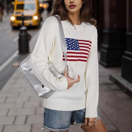 Damen Strickpullover mit Flaggenmotiv und lässigem Schnitt R&B
