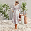 Damen Florales Midi-Kleid mit Geraffter Taille und Langen Ärmeln R&B