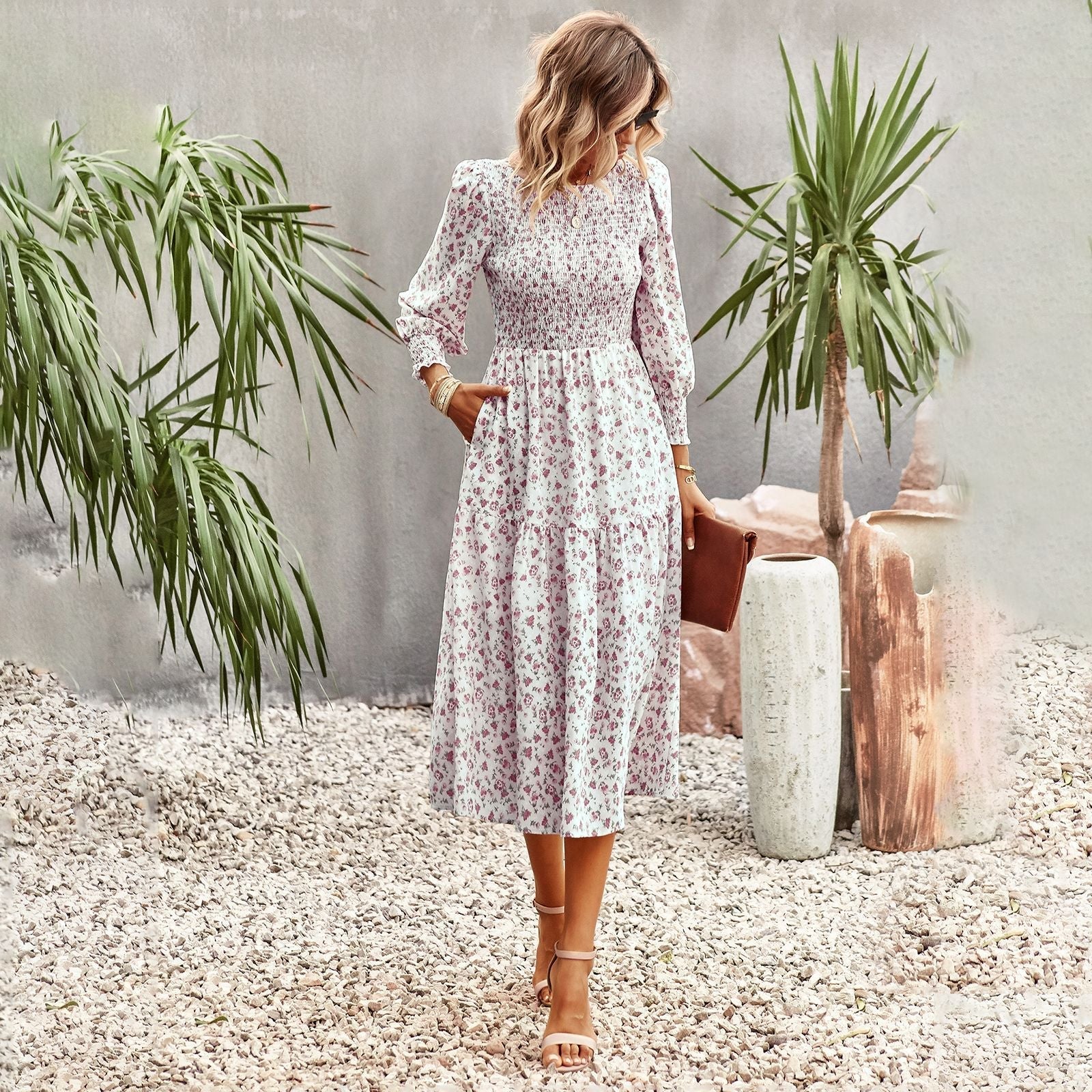 Damen Florales Midi-Kleid mit Geraffter Taille und Langen Ärmeln R&B