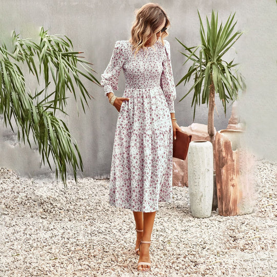 Damen Florales Midi-Kleid mit Geraffter Taille und Langen Ärmeln R&B