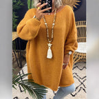 Damen lässiger Langarmstrickpullover im Oversized-Stil mit seitlichen Schlitzen R&B