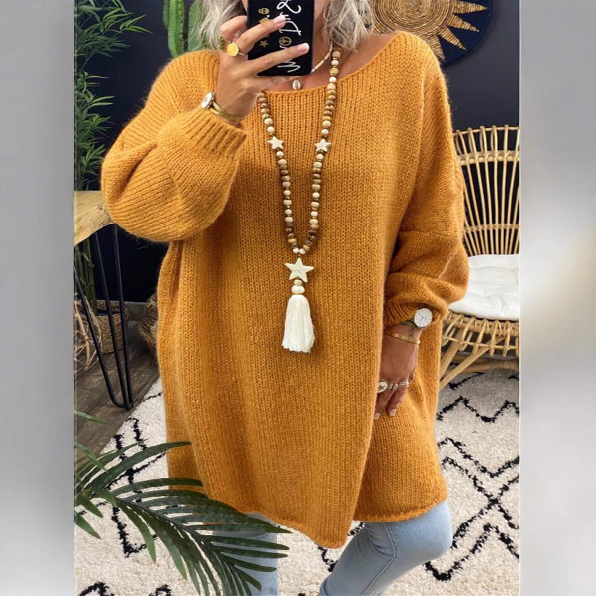 Damen lässiger Langarmstrickpullover im Oversized-Stil mit seitlichen Schlitzen R&B