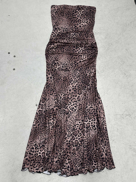 Damen Maxikleid mit rüschenförmigem Saum und elegantem Leopardenmuster R&B