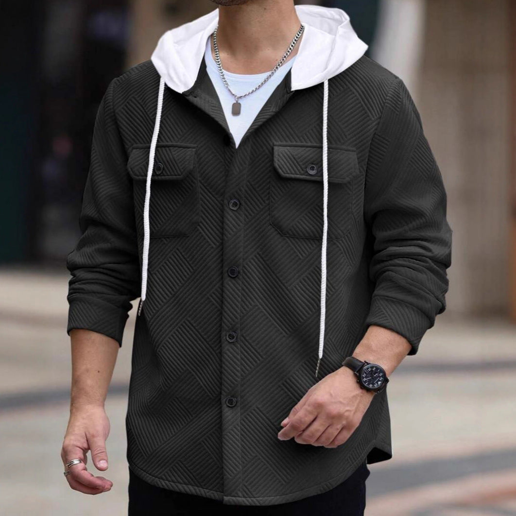 Herren nan strukturierte Overshirtjacke mit gesteppter Diagonalstruktur, Kontrastkapuze und aufgesetzten Brustklappen R&B