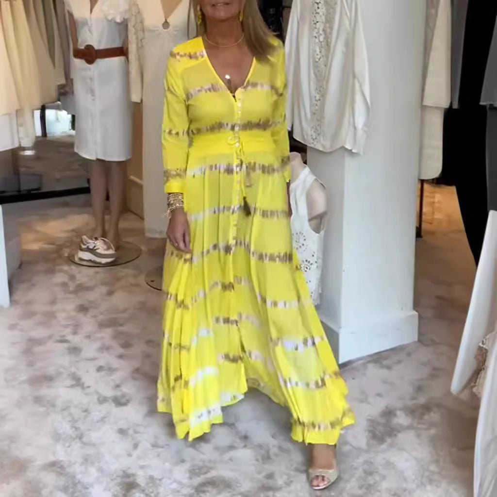 Damen nan fließendes Maxikleid mit V-Ausschnitt, durchgehender Knopfleiste, taillierendem Quastenband und plissiertem Rock R&B