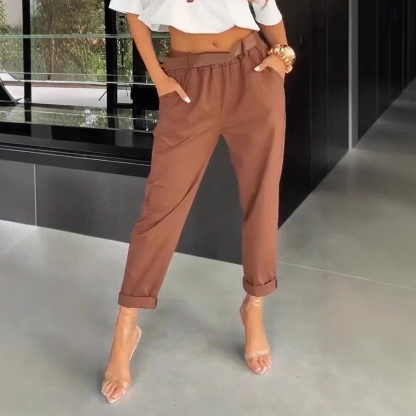 Damen nan hochtaillierte Paperbag-Hose mit gerafftem Bund, Eingrifftaschen und gekrempeltem Saum R&B