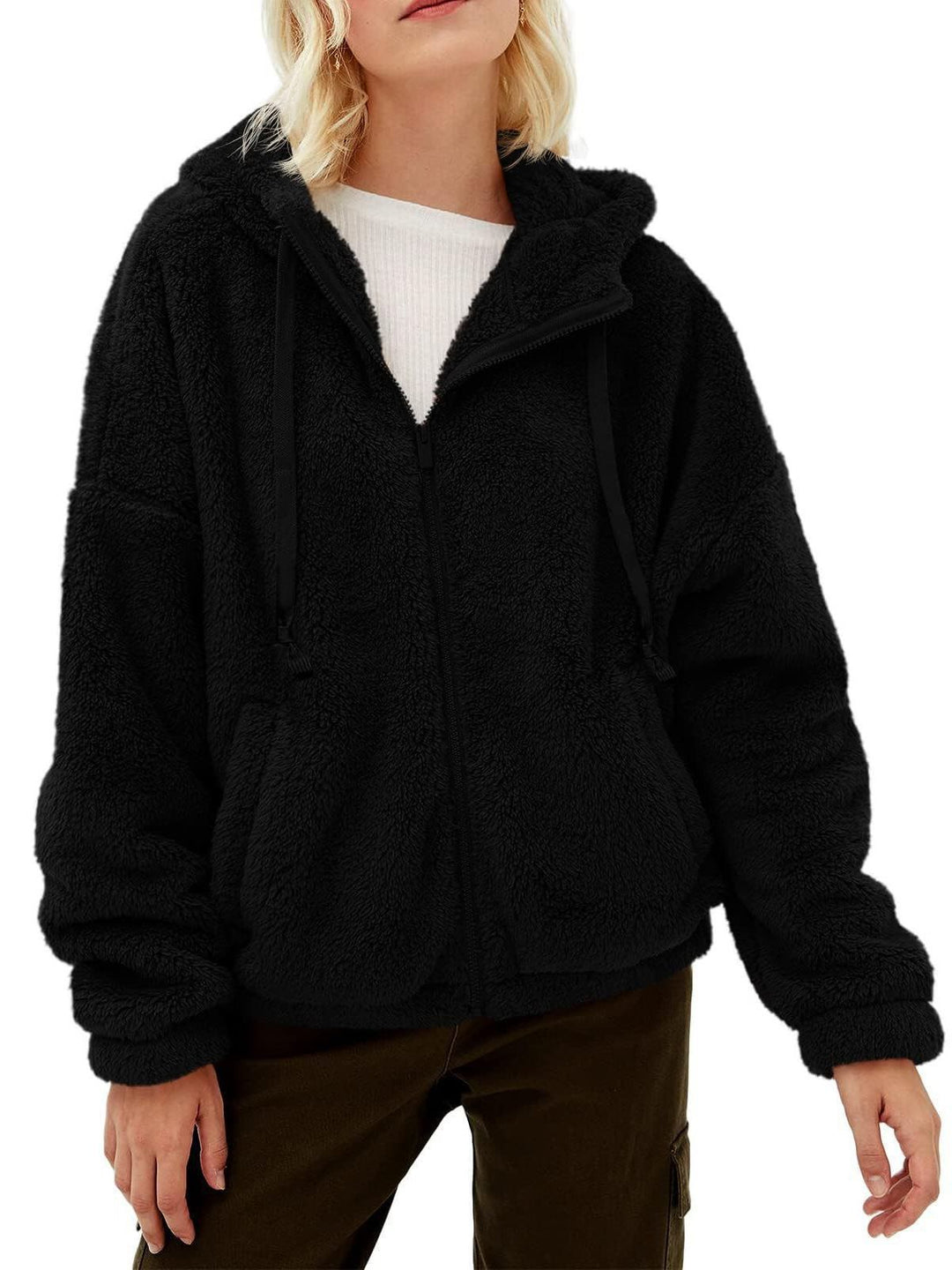 Damen Flauschige Plüschjacke mit Kapuze und Frontreißverschluss R&B
