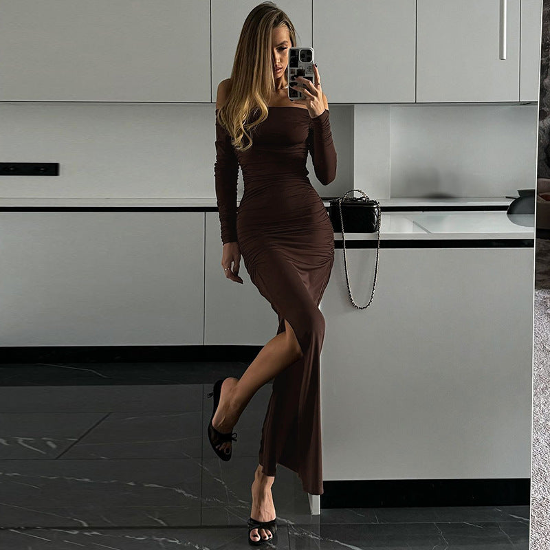 Damen figurbetontes Maxikleid mit Raffungen und elegantem Schlitz R&B